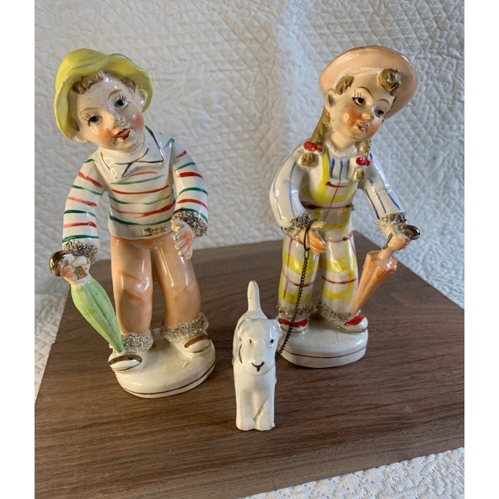 Vintage Boy and Girl with Umbrellas Walking the Dog figure Japan Set 1040s